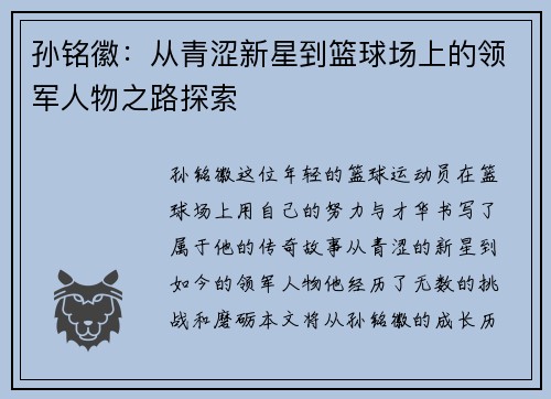 孙铭徽：从青涩新星到篮球场上的领军人物之路探索