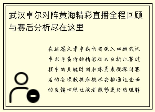武汉卓尔对阵黄海精彩直播全程回顾与赛后分析尽在这里