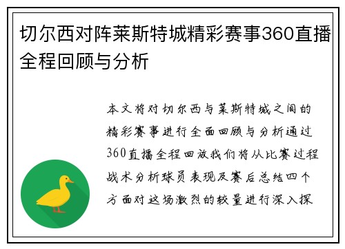 切尔西对阵莱斯特城精彩赛事360直播全程回顾与分析