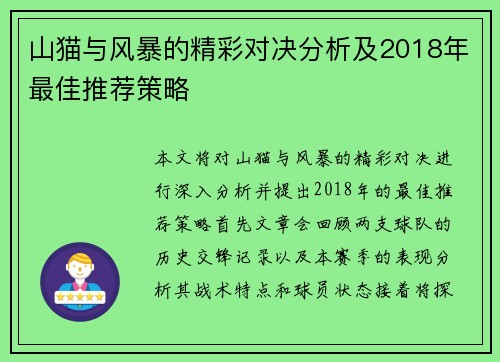 山猫与风暴的精彩对决分析及2018年最佳推荐策略