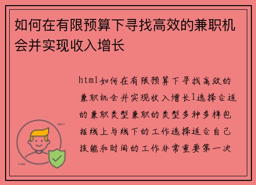 如何在有限预算下寻找高效的兼职机会并实现收入增长