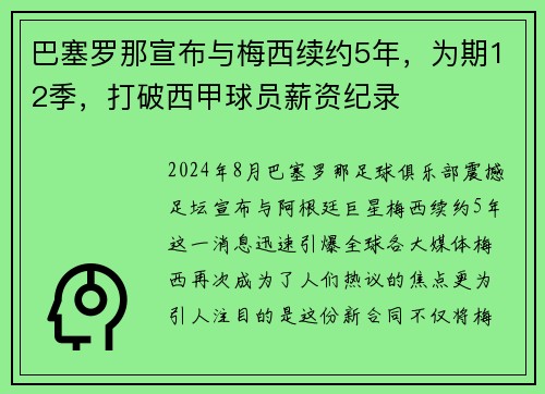 巴塞罗那宣布与梅西续约5年，为期12季，打破西甲球员薪资纪录