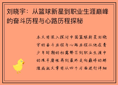 刘晓宇：从篮球新星到职业生涯巅峰的奋斗历程与心路历程探秘
