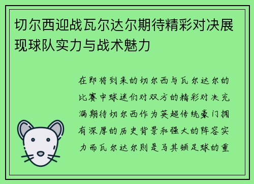切尔西迎战瓦尔达尔期待精彩对决展现球队实力与战术魅力