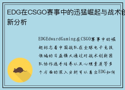 EDG在CSGO赛事中的迅猛崛起与战术创新分析