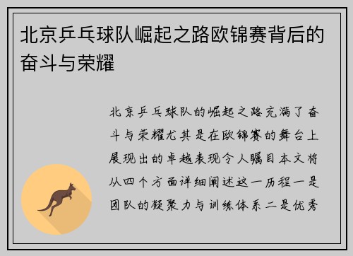 北京乒乓球队崛起之路欧锦赛背后的奋斗与荣耀
