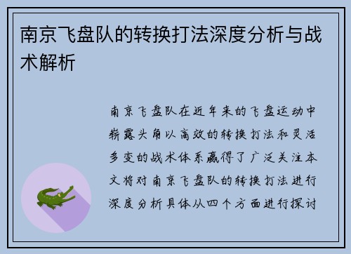 南京飞盘队的转换打法深度分析与战术解析