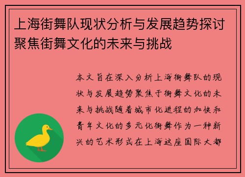 上海街舞队现状分析与发展趋势探讨聚焦街舞文化的未来与挑战