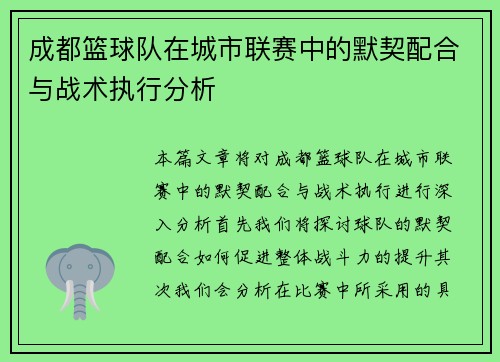 成都篮球队在城市联赛中的默契配合与战术执行分析