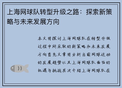 上海网球队转型升级之路：探索新策略与未来发展方向