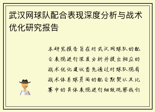 武汉网球队配合表现深度分析与战术优化研究报告