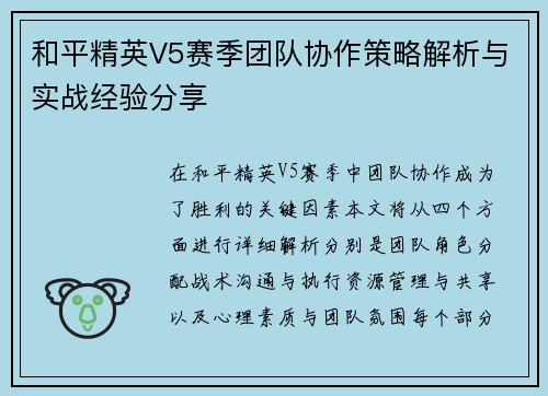 和平精英V5赛季团队协作策略解析与实战经验分享