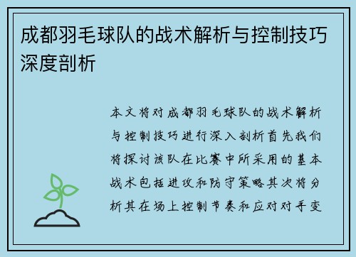 成都羽毛球队的战术解析与控制技巧深度剖析