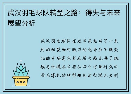 武汉羽毛球队转型之路：得失与未来展望分析